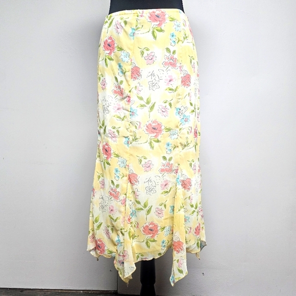 Vintage Notations Butter Yellow Petal Pink Floral Midi Skirt Cottagecore Fairy - Picture 1 of 8